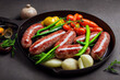 Sausages in a pan with vegetables, food photography, photorealistic illustration