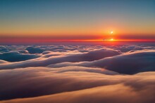 Camera Is Raising Above From The Thick Fog Above The Beautiful Ocean Of Clouds At Sunrise. Sun Is Rising Above The Endless Sea Of Clouds Until The Horizon. Amazing Nature Landscape, 4K Drone In Sky