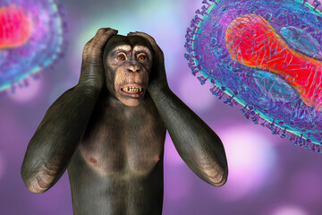 Poster - Upset monkey surrounded by monkeypox viruses, conceptual 3D illustration