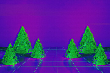 Wall Mural - digital distorted interlaced christmas trees on abstract futuristic cyberpunk background with motion