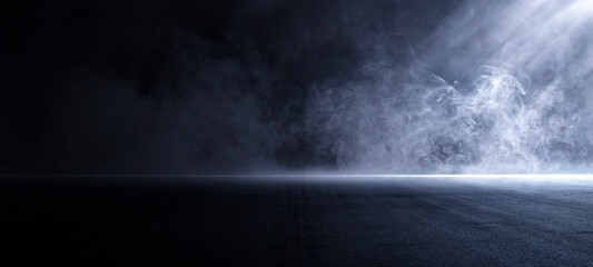 Dark street, asphalt abstract dark background, empty dark scene, neon light, spotlights The concrete floor and studio room with smoke float up the interior texture for display products, Night view