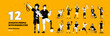 Set of athletic people with disabilities. Paralympic disabled athletes characters with trophy. Sport men and women on wheelchair or prosthesis. Line art flat vector yellow, black, white illustration
