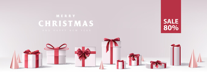 Wall Mural - merry christmas sale banner with gift box red bow decoration white background