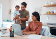 © N Lawrenson/peopleimages.com - Internet, family and parents doing research on down syndrome with baby on a laptop in their house. Mother and father with smile for child and working on taxes or finance budget on the computer
