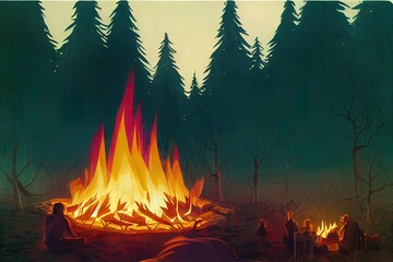 Wall Mural - A beautiful campfire in the forest during the day. A high fire burns in a campsite by the river in beautiful nature.