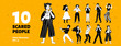 Set of frightened people, scared men and women in shock and panic. Afraid characters isolated on yellow background, vector black and white hand drawn illustration