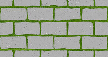 Seamless Pattern Of Old Pavement With Moss And Interlocking Textured Bricks. Vector Pathway Texture Top View. Outdoor Concrete Slab Sidewalk. Cobblestone Footpath Or Patio. Concrete Block Floor