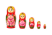Set Of Five Red Matryoshka Russian Nesting Dolls Isolated On Transparent Background, Russia Women, Motherhood And Family Concept, Png File