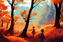 Autumn characters outdoor activities illustration autumn friends travel autumn outing poster