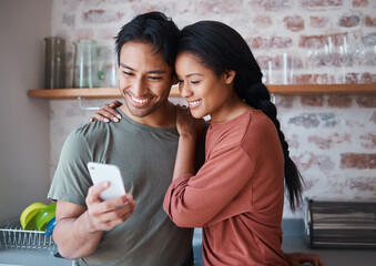 Canvas Print - Asian couple, phone or bonding hug in house or home kitchen with communication technology, social media app or internet news. Smile, happy and love man and relax woman with mobile for zoom video call