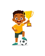 Little Kid Win Soccer Competition And Holding Trophy