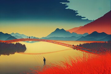 Canvas Print - Aerial view of silhouette of walking man on the suspension bridge, river, mountains, red trees, green grass, orange sun at sunset in autumn. Colorful landscape with forest, lake, reflection in water