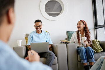 Wall Mural - Friends, students and diversity in university lounge, laughing and sitting on sofa with laptop. Friendship, education and happy men and women relax before class doing online research for school work.