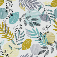 Wall Mural - Vector autumn pattern with leaves, stripes and dots. Scandinavian style. Linear boho sketch