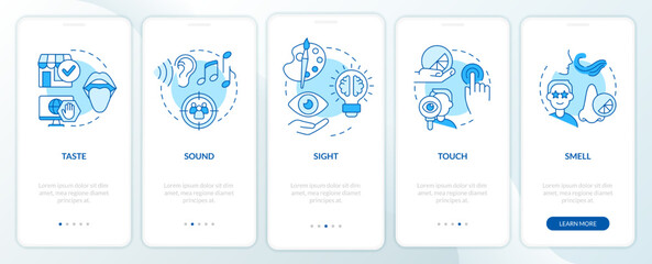 Wall Mural - senses of sensory branding blue onboarding mobile app screen. walkthrough 5 steps editable graphic i