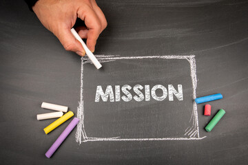 Wall Mural - mission. text, drawn frame and hand with piece of chalk on blackboard background