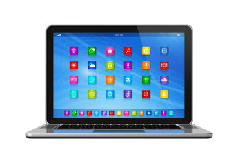 3d laptop computer - apps icons interface - isolated on transparent background