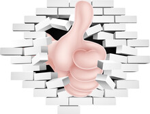 Conceptual Illustration Of A Hand Giving A Thumbs Up Breaking Through A White Brick Wall