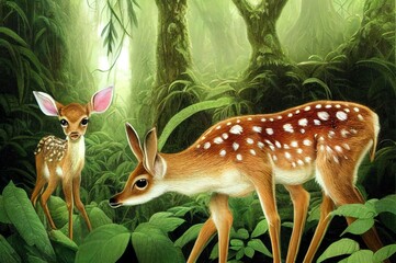 Flora and fauna of the rainforest. Fawn in forest. Cute fawn in rainforest. Forest nature scene