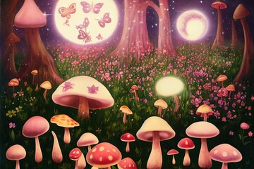 Poster - Magical fantasy mushrooms in enchanted fairy tale dreamy elf forest with fabulous fairytale blooming pink rose flower and butterfly on mysterious background, shiny glowing stars and moon rays in night