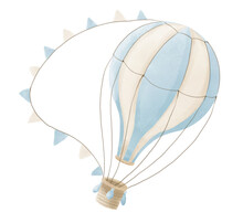 Watercolor Blue Hot Air Balloon With Pennants. Vintage Hand Drawn Illustration For Children Party Or Cards In Cartoon Style. Drawing Of Old Retro Aircraft For Baby Design