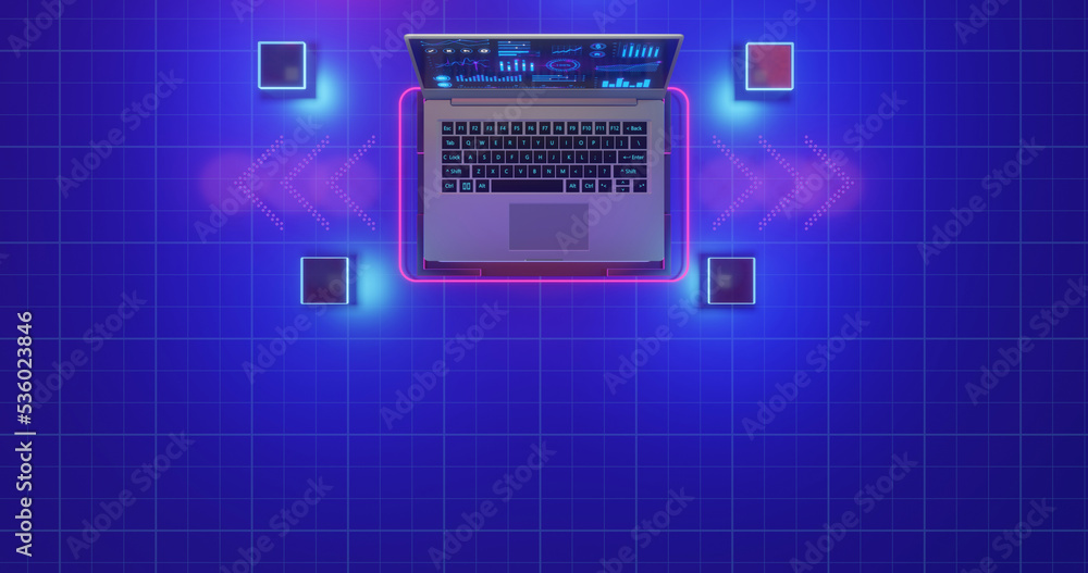 Software development concept. Programming, coding and software testing on laptop. Laptop on the table with business diagram on the screen. Digital Computer technology background concept. 3d render