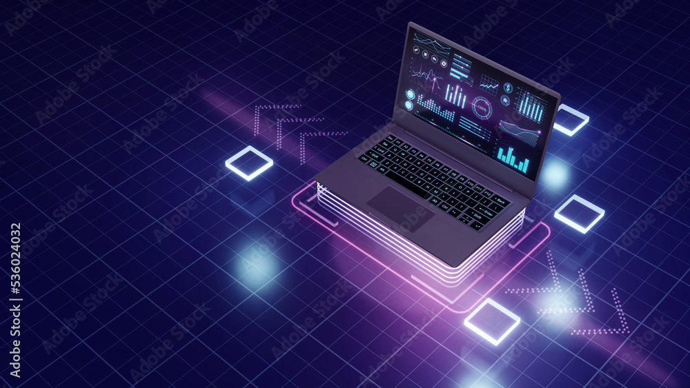Software development concept. Programming, coding and software testing on laptop. Laptop on the table with business diagram on the screen. Digital Computer technology background concept. 3d render