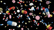 Pills and capsules falling on black background. Also available as an animation - search for 197547619 in Videos. 3D illustration. Medicine, medical, pharmaceuticals.