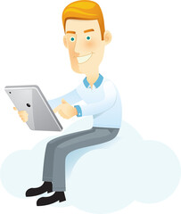 Wall Mural - cartoon man playing tablet on cloud