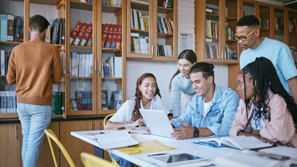 Canvas Print - Learning, education or laptop with students in library for data research, innovation or diversity for university project. Computer, teamwork or creative strategy planning in classroom of college