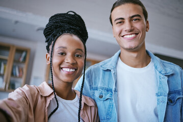 Canvas Print - Selfie, friends and portrait smile at university campus and happy for learning, education and friendship in a library. Young Mman and woman students at college smile for scholarship and knowledge