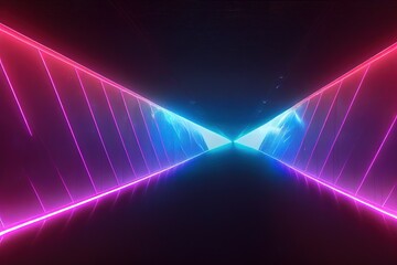 Poster - Modern empty futuristic room in neon cyberpunk style. Realistic cinematic light. Template, layout of cyber, premises, rooms. Dark tunnel with colorful neon highlights 3D illustration