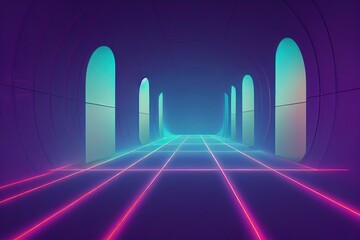 Poster - Modern empty futuristic room in neon cyberpunk style. Realistic cinematic light. Template, layout of cyber, premises, rooms. Purple tunnel with neon arches on the walls 3D illustration