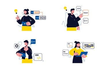 Programming working concept with people four scenes in the flat cartoon style. Programmers make every effort to write correct code for a program. Vector illustration.