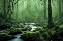 A Calm Stream In A Mossy Forest. Mossy Forest Stream. Larch Tree Forest In Moss. Mossy Larch Tree Forest Scene