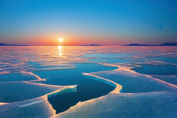 Sticker - Ogoy island on winter Baikal lake with transparent cracked blue ice. Baikal, Siberia, Russia. Beautiful winter landscape at sunset.