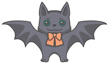 Cartoon Style Illustration Of A Smiling Black Halloween Bat With Orange Bow Around Neck On Transparent Background