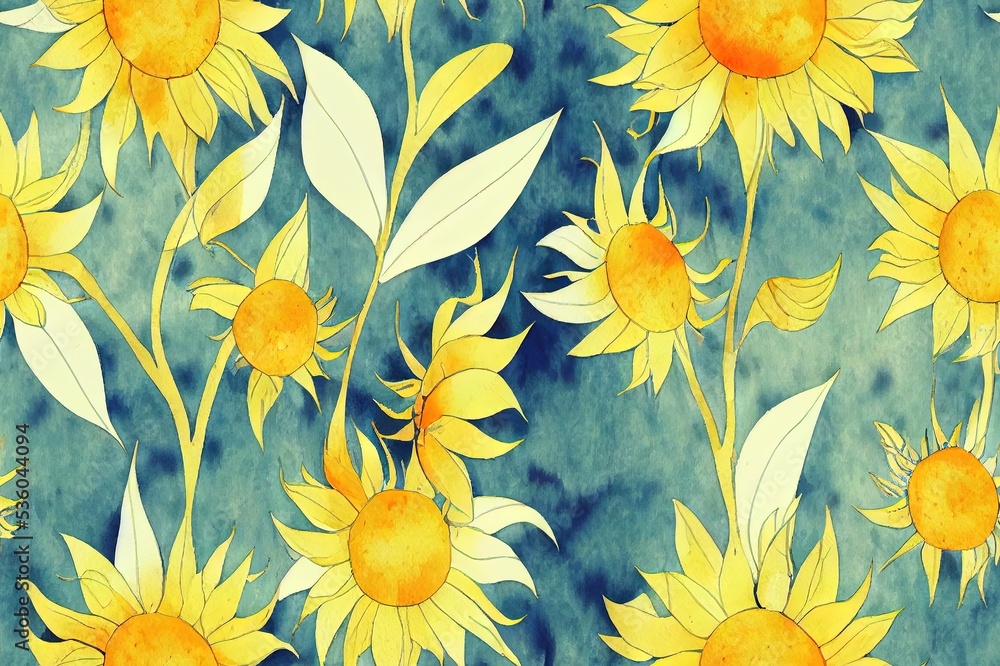 Watercolor seamless pattern with sunflowers and autumn leaves on a blue ...