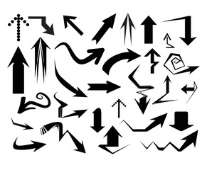Leinwandbilder - Creative set of raster black arrows of different shapes isolated on white background. Flat vector.