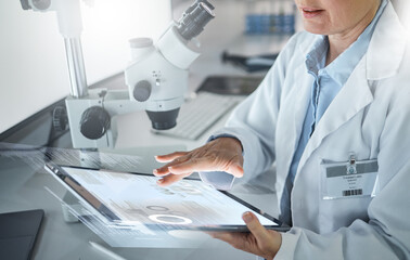 Aufkleber - Science, future and tablet, woman in laboratory doing research in hospital in Switzerland. Technology, medical innovation and a university lab worker or scientist looking at information online.
