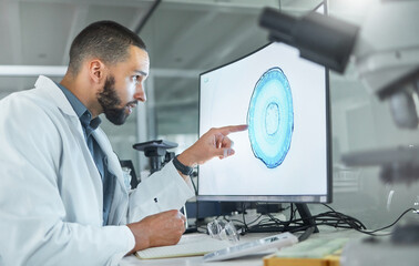Wall Mural - brain development, lab research and scientist working on analysis of scan for healthcare science on 