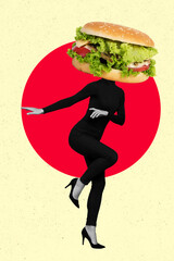 Sticker - Creative photo 3d collage poster postcard artwork of weird person like fastfood burger instead face isolated on drawing background