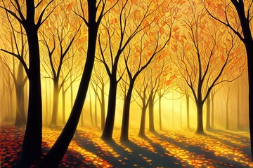 Canvas Print - Sun rays through autumn trees Natural autumn landscape in the forest Autumn forest and sun as a background Autumn image