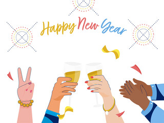 Poster - Happy New Year Lettering With People Hands And Drink Glass Against Background.