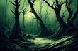© 2rogan - Realistic haunted spooky forest, creepy landscape at night. Fantasy Halloween forest background. Surreal mysterious atmospheric woods design backdrop. 3D illustration.