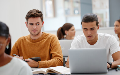 Poster - Education, laptop and student cheating in classroom working on test, exam or research. University, learning and college man writing notes, assignment or busy peeping on friends computer in lecture.