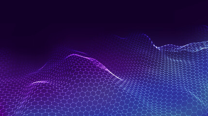 Wall Mural - Abstract futuristic hexagon wave with moving dots and lines. Flow of particles. Vector cyber technology illustration.