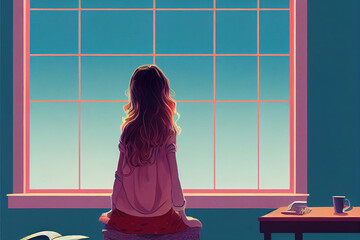 Wall Mural - young woman watching out a colorful window, pink window