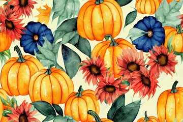 Canvas Print - watercolor seamless pattern with cute orange pumpkins and yellow sunflowers thanksgiving halloween autumn