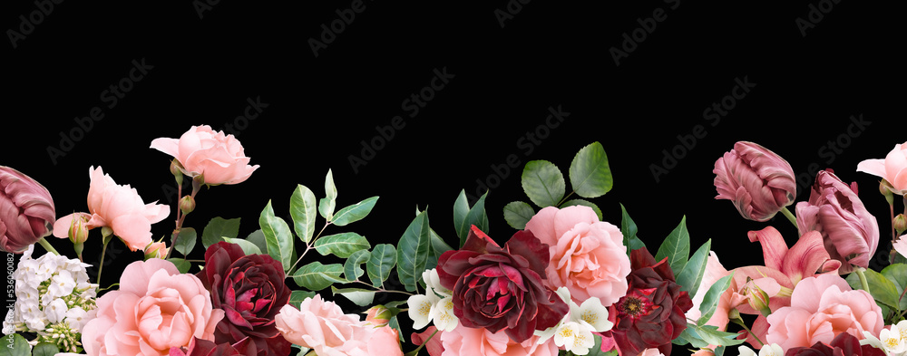 Floral banner, header with copy space. Tulip, pink and red roses ...